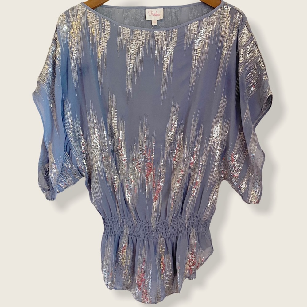 Parker Sequin Embellished Batwing Blue Silk Top